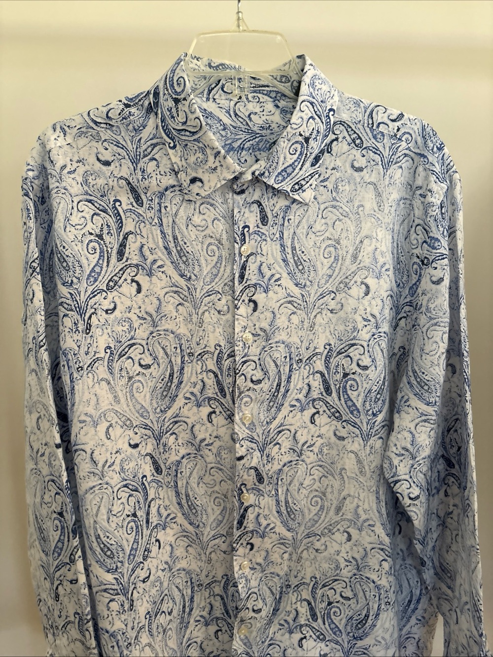 Tasso Elba Men's 100% Linen Long Sleeve Shirt Size XL Blue Paisley Pattern